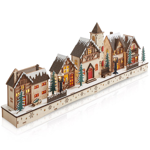 Pre-Lit Wooden Christmas Village - Traditional Winter Holiday Décor